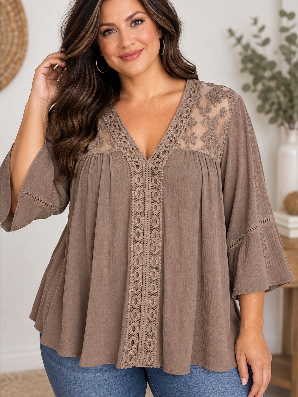 John Paul Richard XL Boho Lace Crochet Embroidered V Neck Blouse taupe